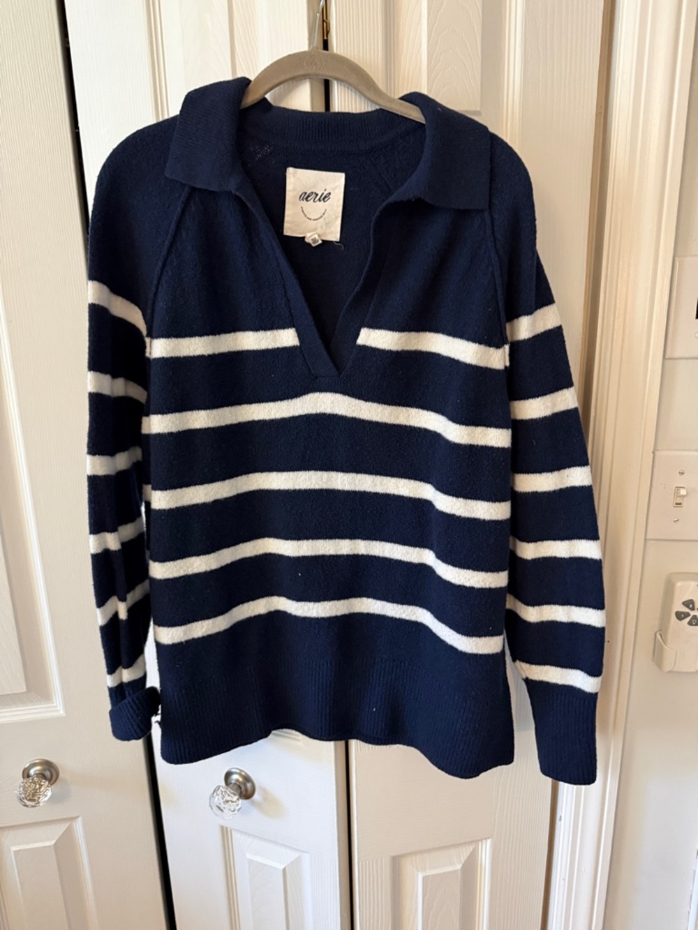 aerie Navy and White Striped vneck Polo Sweater Medium